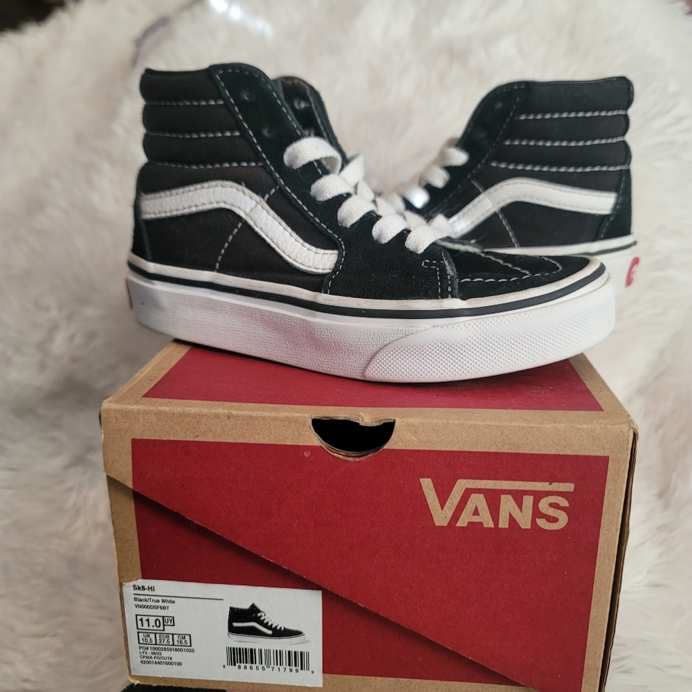 Vans Hi Top Sk8 Shoes, US Kids 11, Black Suede Canvas Sneakers